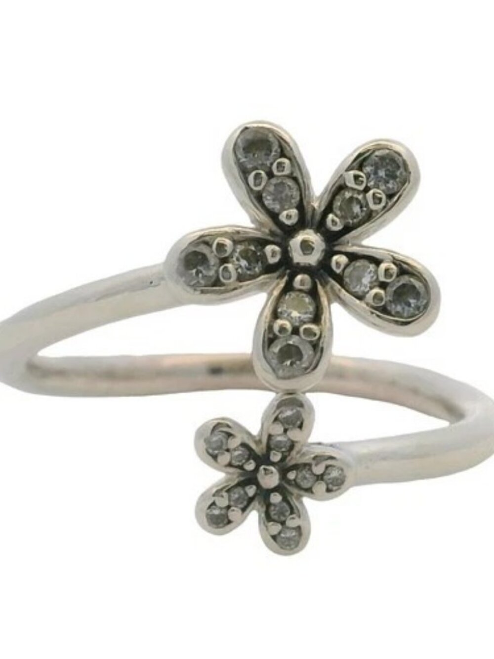 Retired Pandora 925 Sterling Silver CZ Dazzling Daisies Flowers Bypass Ring Sz 8